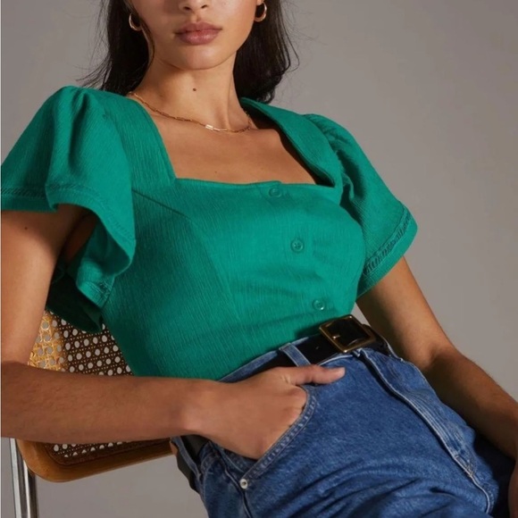 Anthropolgie Dolan Green Left Coast Structured Flutter Top Small - Picture 2 of 11